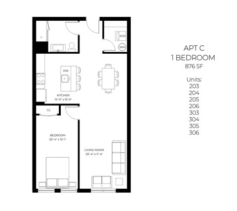 Floor plan for 1 bed, 1 bath, 876 sqft